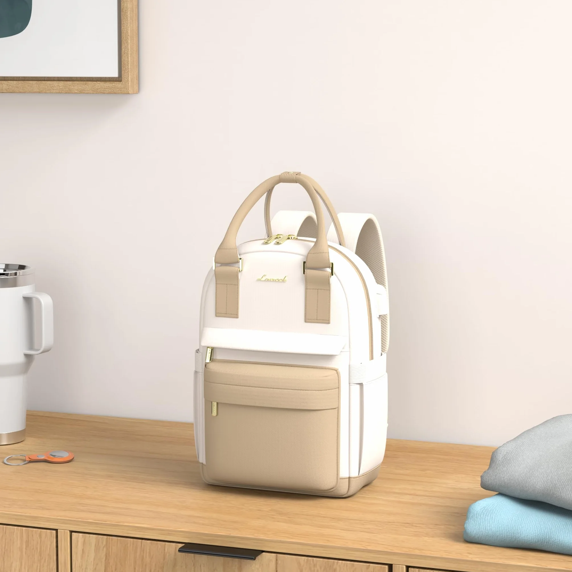 LOVEVOOK Mochila Mujer Pequeña, Bolso Mochila Viaje Antirrobo con Puerto de Carga USB, Impermeable Casual Mini Backpack para Oficina Universidad Compras Uso Diario, Caqui Beige