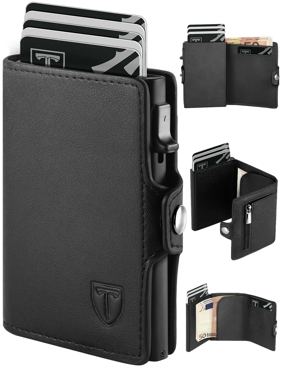 TEEHON Tarjeteros para Tarjetas de Credito | Cartera para Hombre y Mujer con Monedero | Automática Pop-up Billeteras de Protección RFID | Regalos para Hombres | Negro (A-Negro)