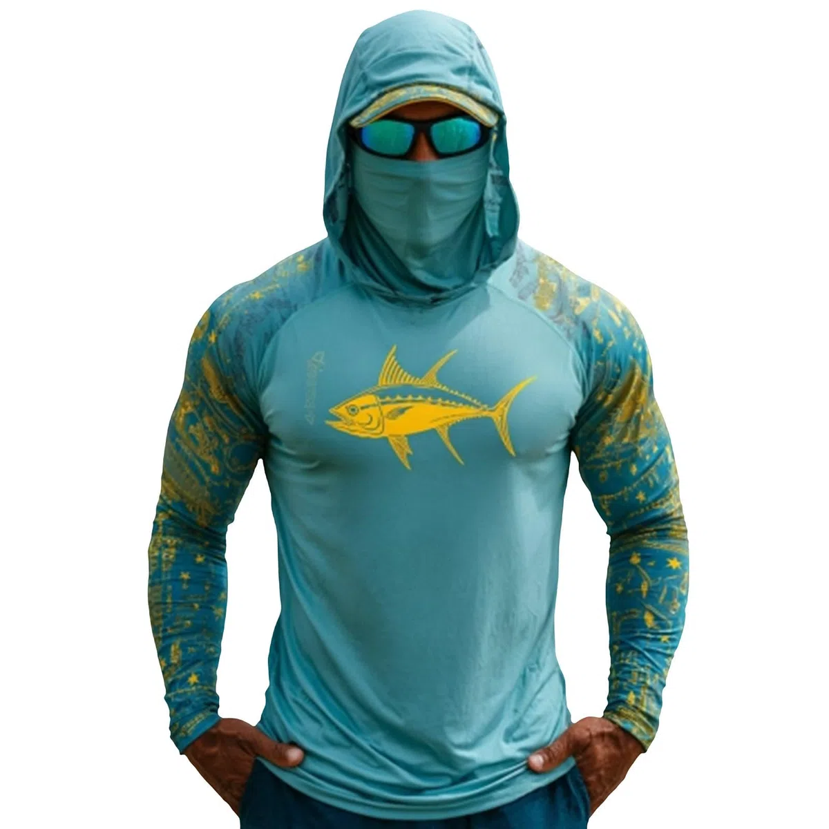 Camisas de pesca para hombre con capucha y máscara, diseño de peces, manga larga, ligeras, para senderismo, exteriores, protección UV, ropa de pesca