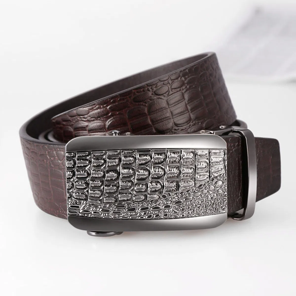 Cinturones Hombre Trinquete, Cinturones de Cuero Genuino Ajustable Negocio, Cinturón Lujo Casual Moda con Hebilla Metal Automática Grabada 3D en Aleación,Marrón,125CM/49.2''