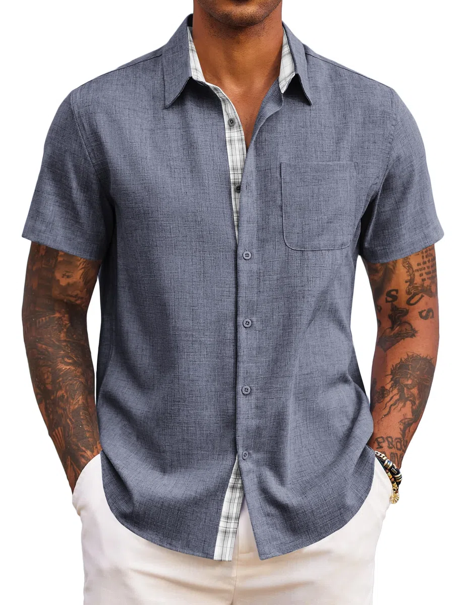 COOFANDY Camisa Hombre Manga Corta Regular Fit Verano Casual Ligera para Playa Vacaciones con Bolsillo