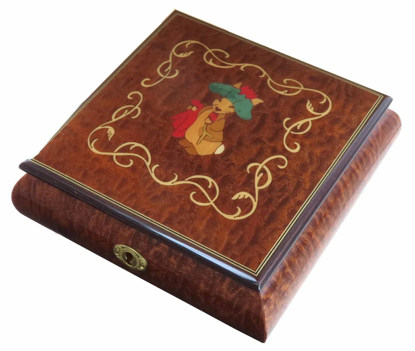 Joyero musical / caja de música para joyas de madera con marquetería conejo de Beatrix Potter y mecanismo musical de resorte de 18 notas - Clair de lune - Claro de luna (Claude Debussy).