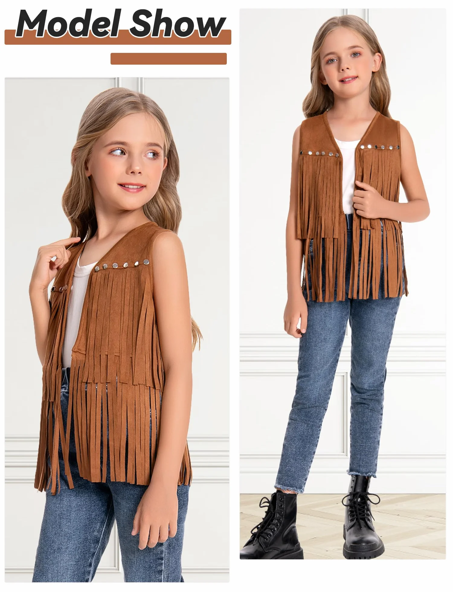SEAUR - Chaleco con flecos para niña hippie chaleco vaquera occidental con remaches sin mangas de piel sintética ropa estilo años 60-70 niños 5-6 años