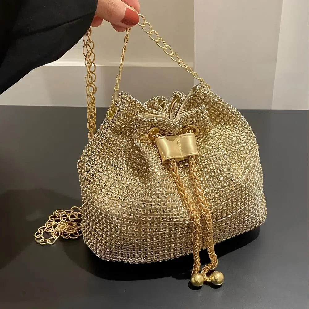 Bolso Mujer con Brillantes Diamantes Elegante de Noche Clutch con Cadena para Fiestas Bodas Banquete(Oro)