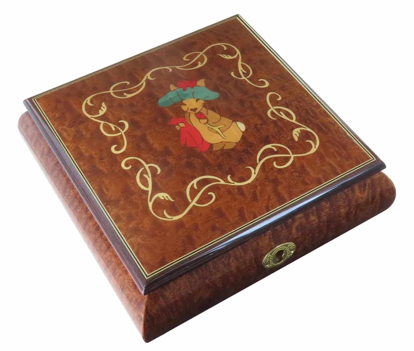 Joyero musical / caja de música para joyas de madera con marquetería conejo de Beatrix Potter y mecanismo musical de resorte de 18 notas - Clair de lune - Claro de luna (Claude Debussy).
