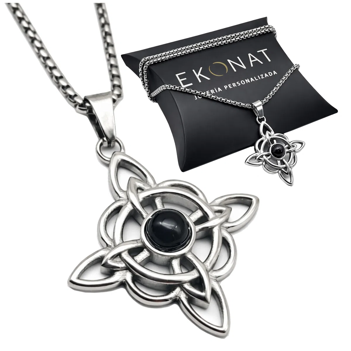 Ekonat-Nudo de bruja con ágata negra- amuletos de la suerte y proteccion- colgantes nudo de bruja - amuleto protector- tamaño 30 mm cadena acero 55 cm