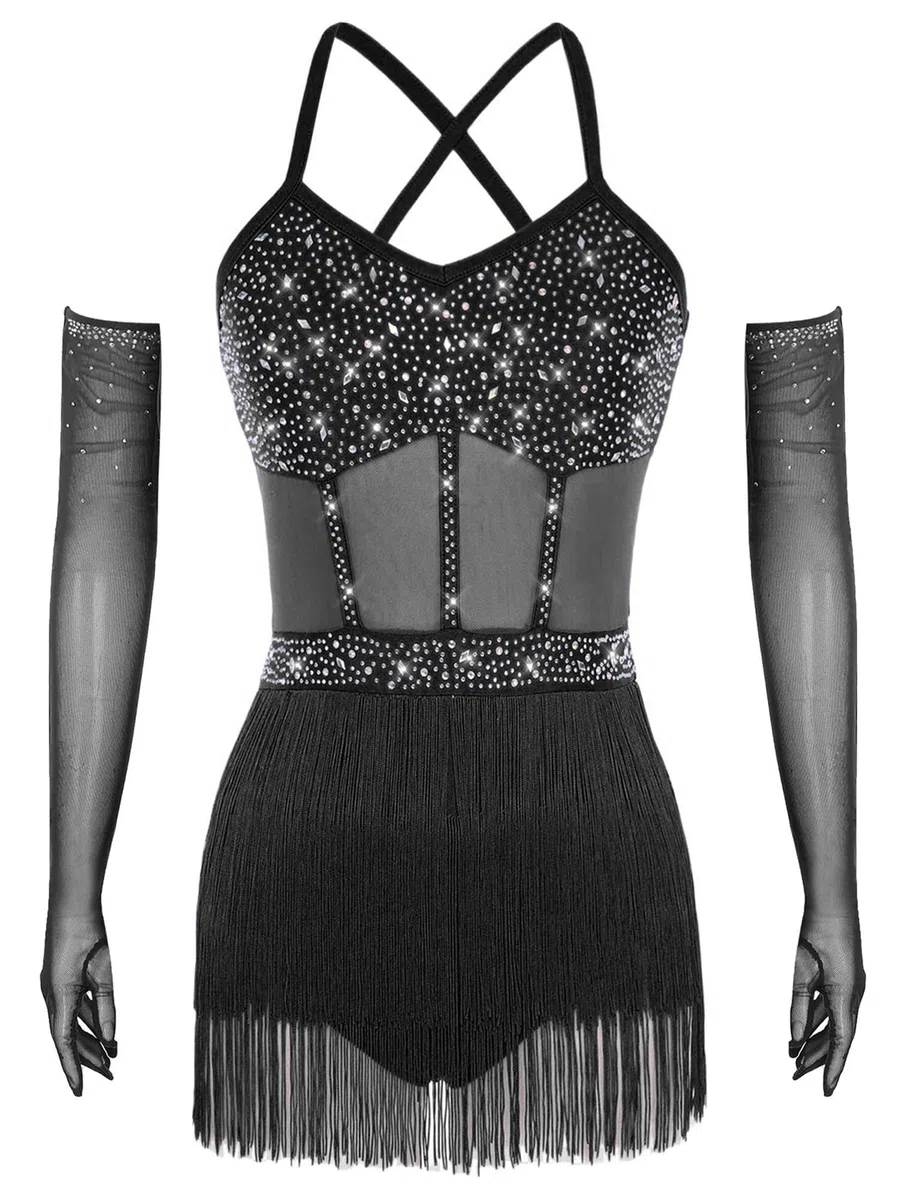 Traje de Danza Latina Salsa para Mujer con Flecos Maillot Patinaje Artístico con Guantes de Malla de Pedrerías Brillantes Traje Baile de Salón Tango Chachá S-XXL
