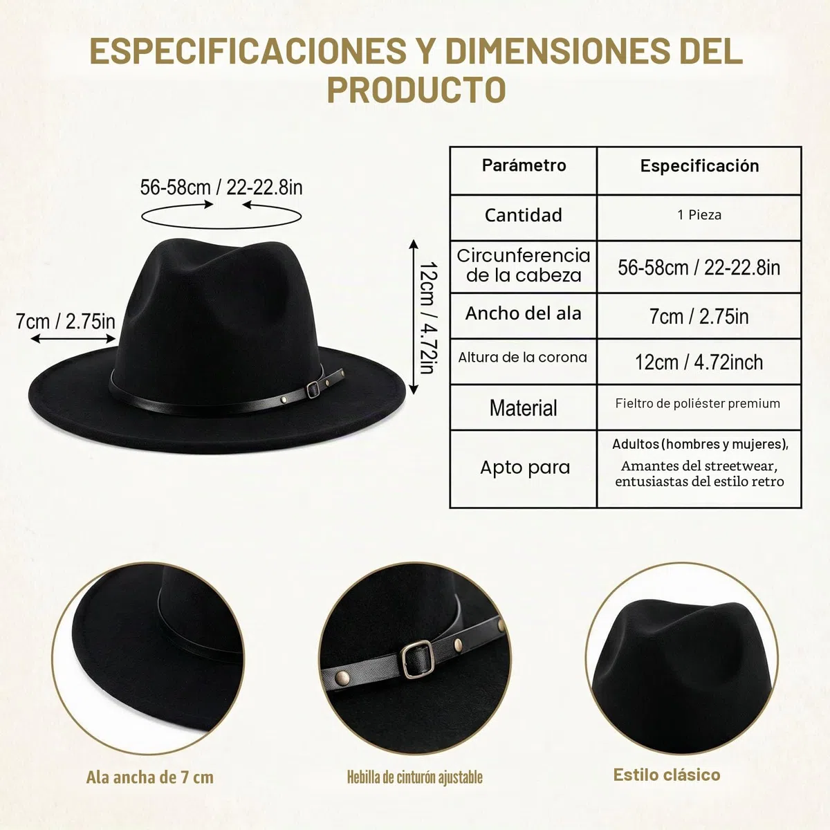 QUUPY Sombrero de jazz clásico para mujeres y hombres, sombrero estilo fedora de ala ancha con hebilla de cinturón de cuero, sombrero de fieltro de Panamá Gatsby, color negro