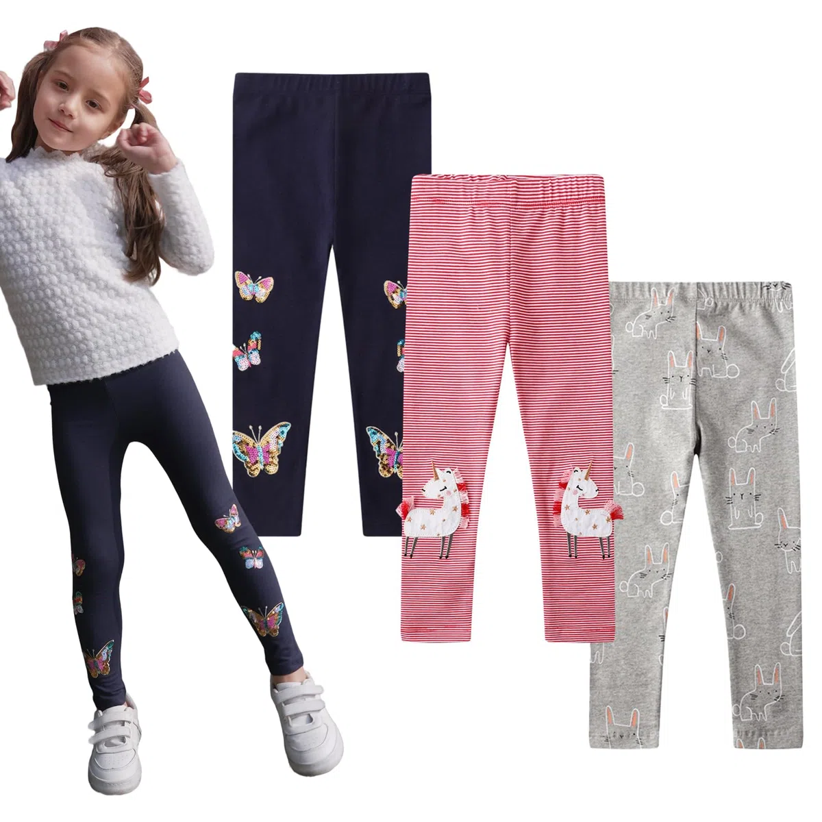 EmaoFun Leggings para Niñas,Pack Mallas Pantalones niña Algodon Talla 2-7 años(Conejo 7T)