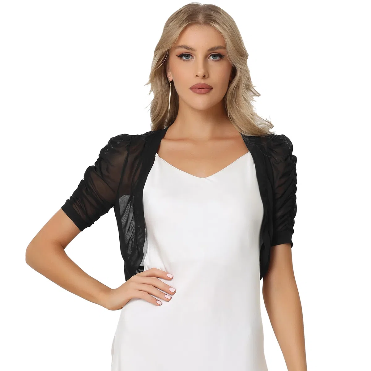 Allegra K Mujer Bolero Informal de Manga Corta de Malla Transparente Cárdigan Recortado con Frente Abierto
