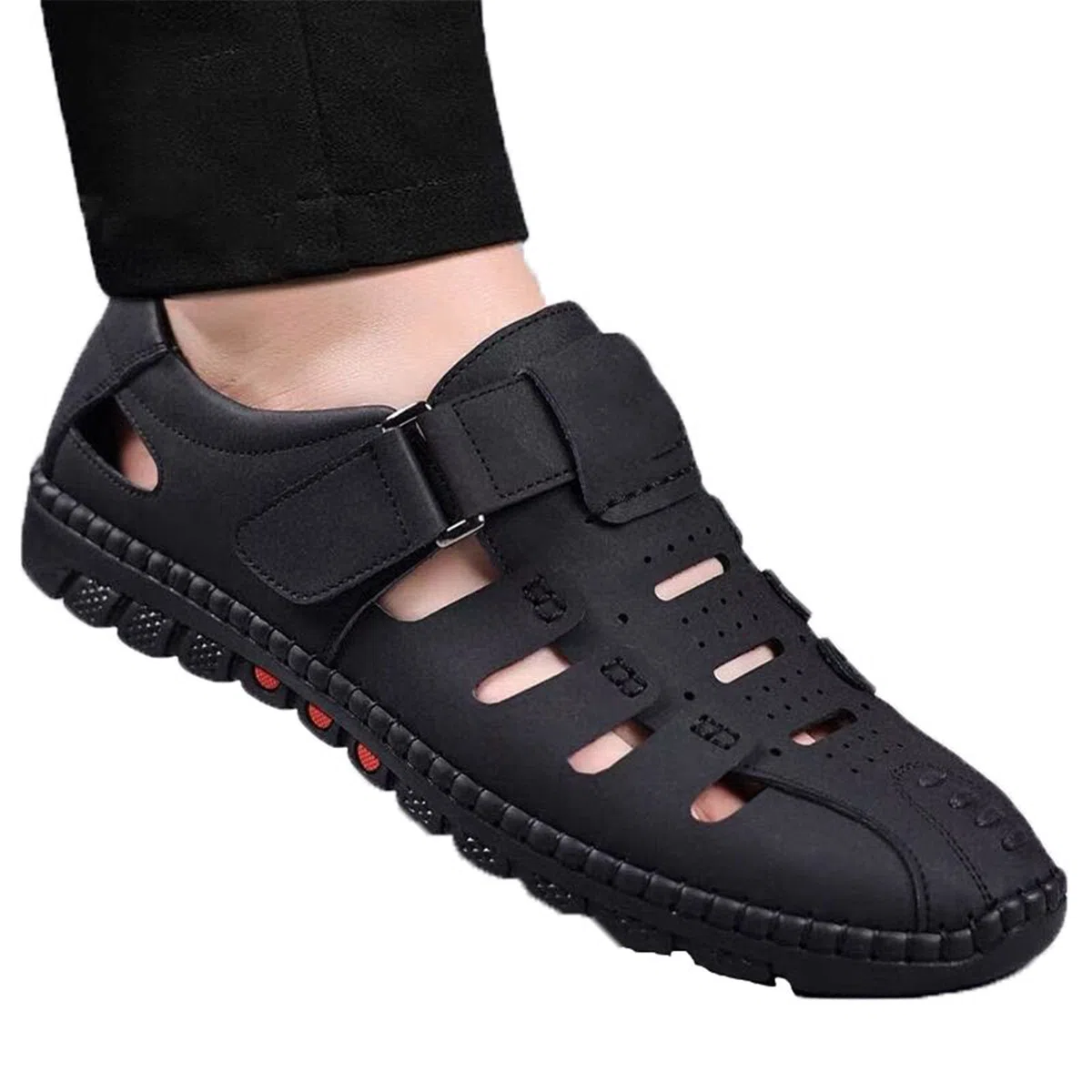 Sandalias Huecas de Cuero Elegantes, Zapatillas para Hombre, Chanclas, Sandalias de Playa de Cuero con Punta Cerrada para Hombre