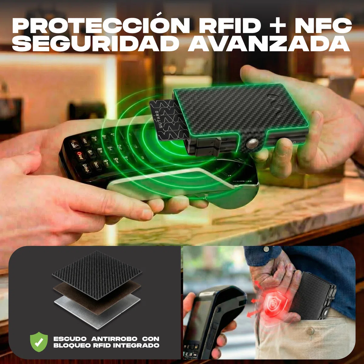 Tarjetero Hombre - Cartera Minimalista RFID NFC, Sistema Dual Slide, Metal, Cuero PU Premium, Billetera compacta antirrobo, Acceso rápido - 16 Tarjetas + 4 Billetes (Deluxe Carbon)