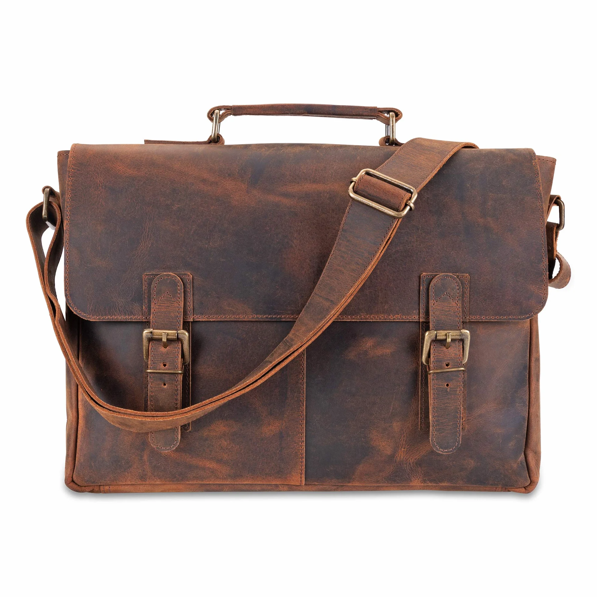 moonster Bolso Mensajero de Cuero o Bandolera de Piel Unisex Hombro Hecha a Mano Cuero Búfalo Genuino Desgastado – Maletín de Portátil de 16 Pulgadas con Acolchado – Correa Ajustable