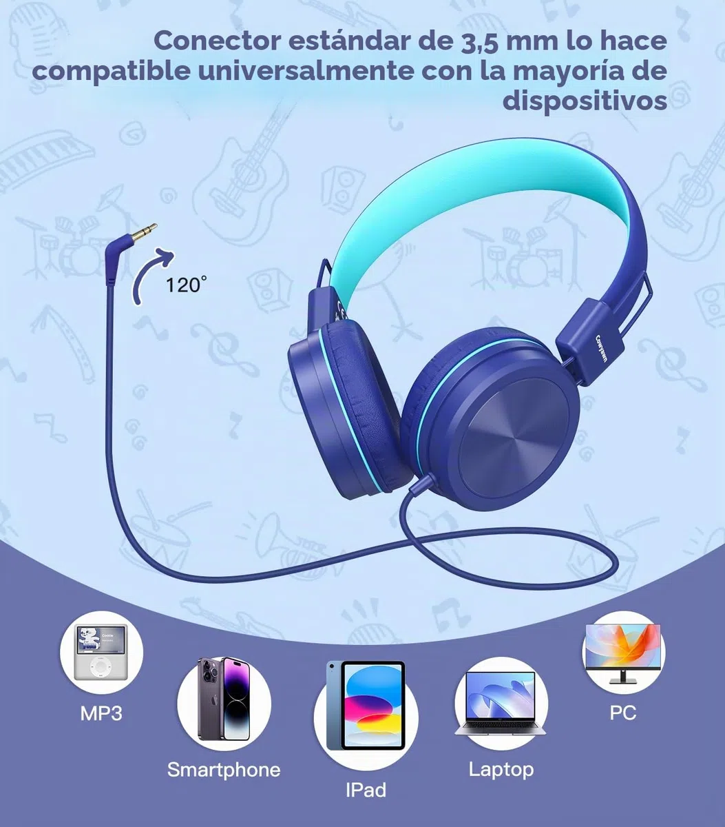 Cowyawn Auriculares para niños con limitador de Volumen Seguro de 94 dB, Auriculares Escolares con Cable para niños con diseño Ajustable y Flexible para niños y niñas, Azul