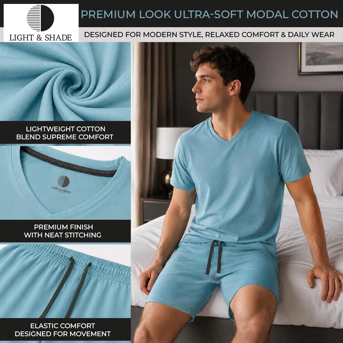Light & Shade Conjunto de Pijama para Hombre con Camiseta y Pantalones Corto