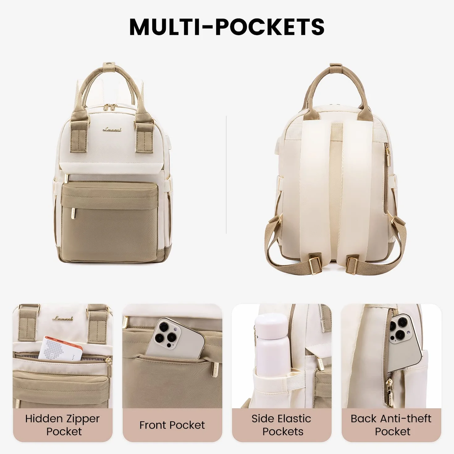 LOVEVOOK Mochila Mujer Pequeña, Bolso Mochila Viaje Antirrobo con Puerto de Carga USB, Impermeable Casual Mini Backpack para Oficina Universidad Compras Uso Diario, Caqui Beige