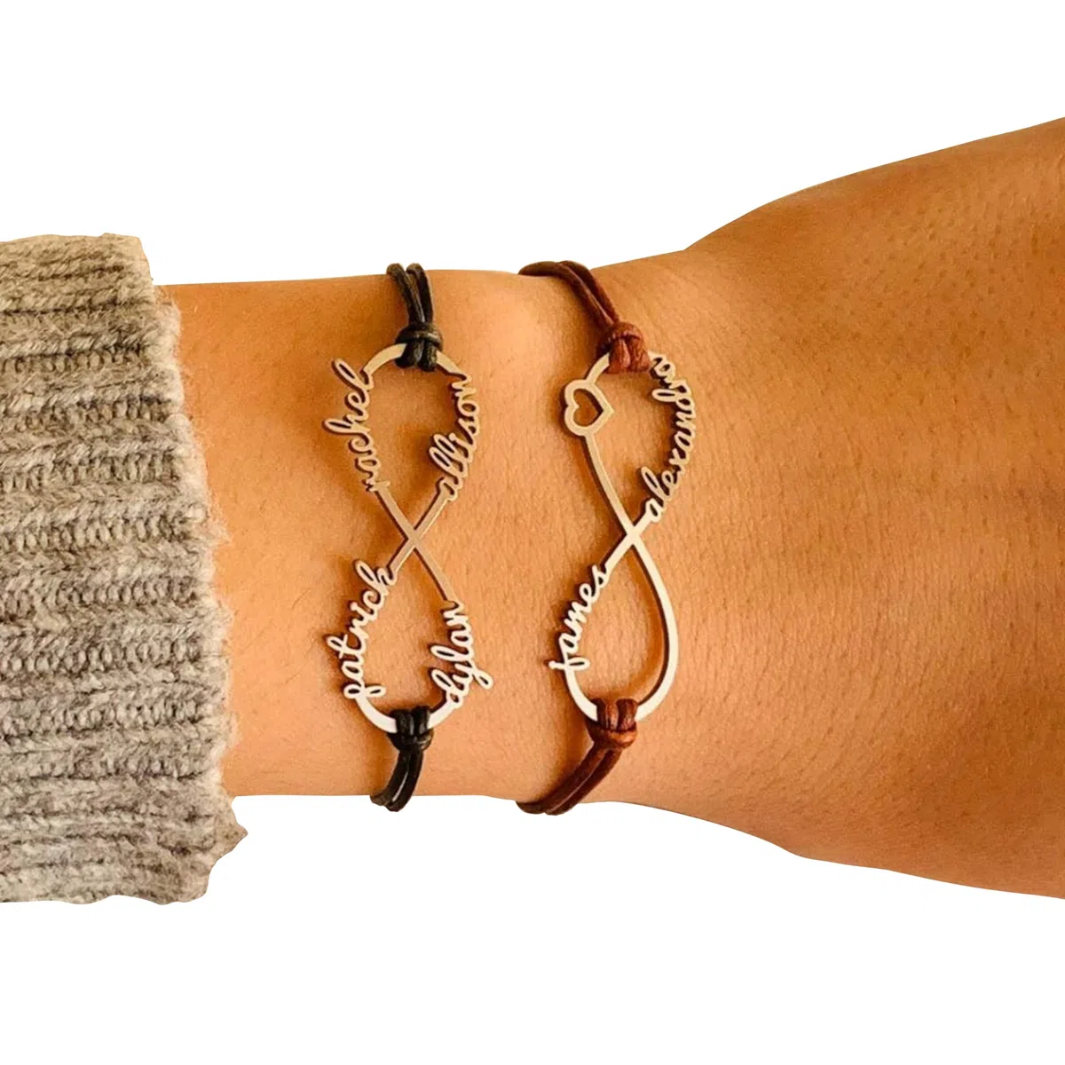 Pulsera Personalizada Infinito con Nombre, Acero Inoxidable | Hasta 4 Nombres, Cadena de Cuero, Corazón de Amor Hecho a Mano, Regalo San Valentín y Día de la Madre