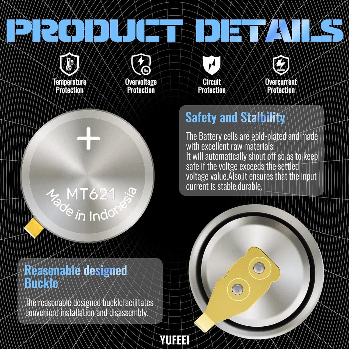 Batería de reloj 295-5100 Compatible con Citizen Eco-Drive Serie Modelo 295-5100 MT621 Adecuado para modelos BP10, E000, E001, E010, E011 Condensador sellado Batería recargable