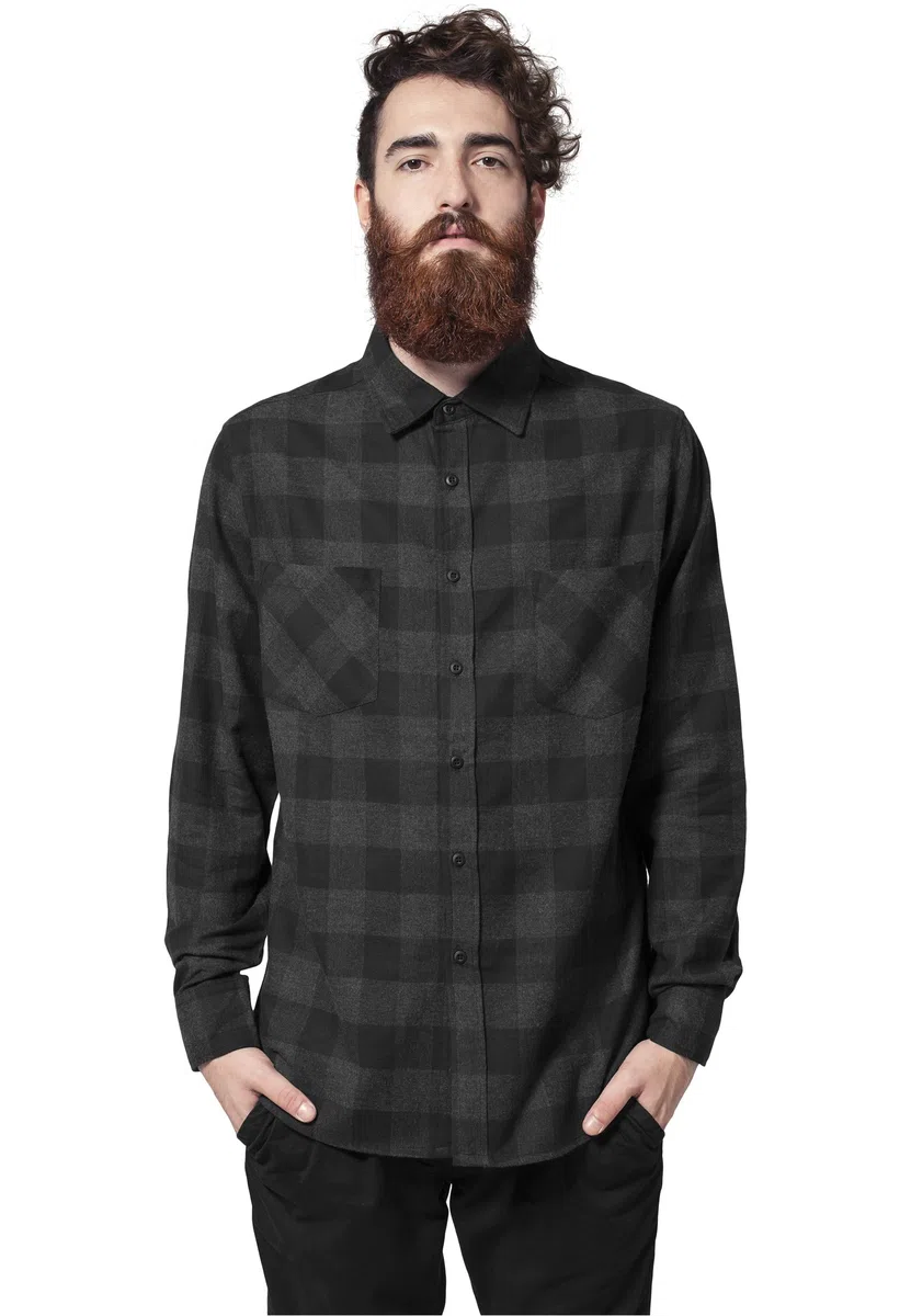 Urban Classics A Cuadros Franela Hombre Camisa de Franela Negro-Blanco 100% algodón Regular