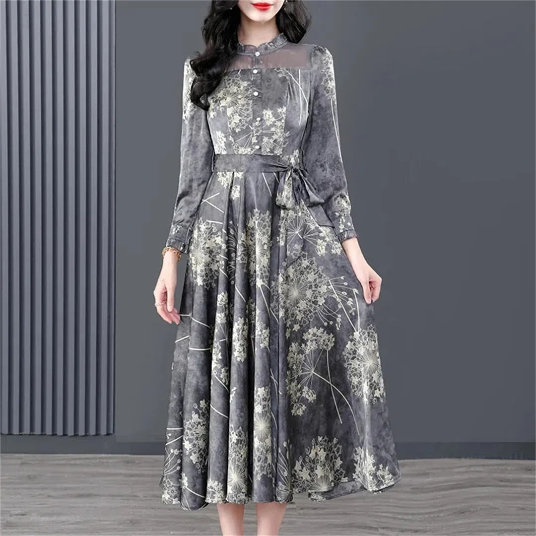 Vestido vintage de seda con estampado floral para mujer, manga larga, cuello alto falso, para fiesta, vestido midi, gris, S