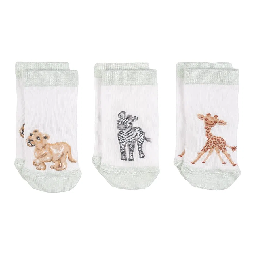 Wrendale LTW-SOCK005 Little Wren - Calcetines para bebé, 3 pares, diseño de cebra, león, jirafa, lavable, 0-6 meses, Blanco, 0-6 meses
