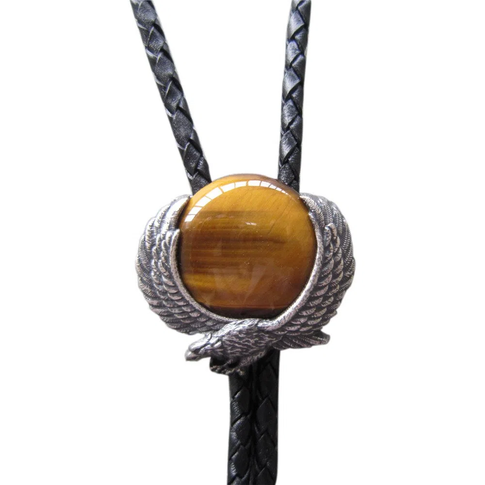 Vintage Fly Eagle W Nature Tiger Eye Stone Bolo Tie Collar de cuero