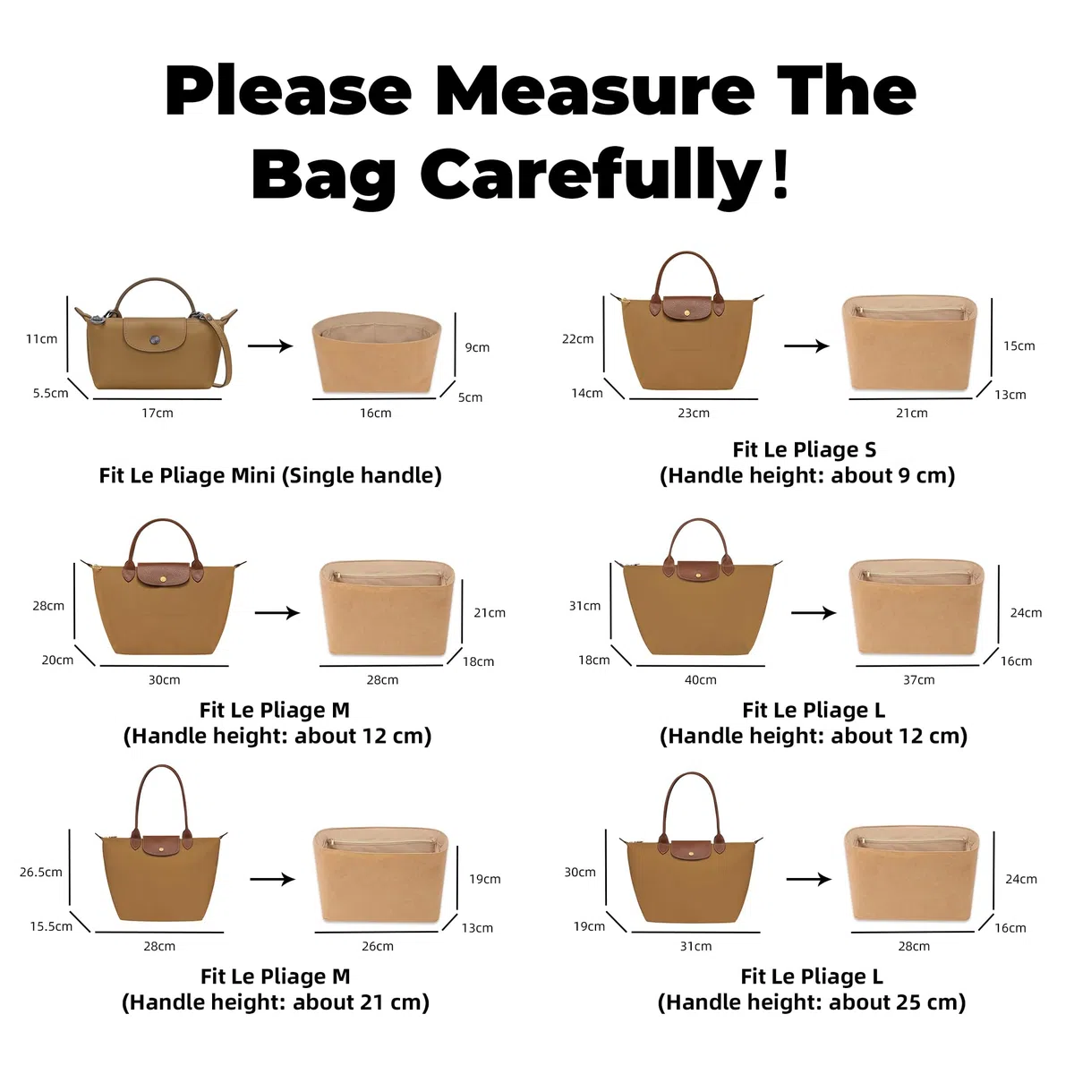 DGAZ Organizador de Bolsos Interior, Inserto para Longchamp Le Pliage, Forro de Seda y Exterior de Papel Dupont, con Bolsillo con Cremallera y Tira Sujeta-Botellas, Ligero (Chai, M Asas largas)