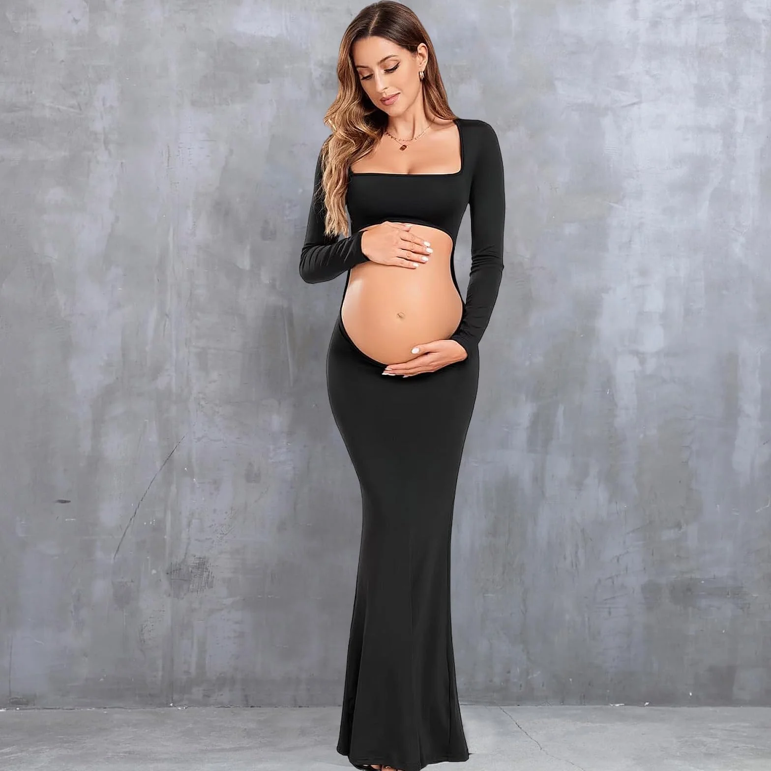 Vestido Largo de Maternidad Mujer para Fotografia Vestidos Premamá Falda Larga Manga Cuello Cuadrado Vestidos de Embarazo Shooting Foto sin Espalda Maxi Vestido de Fiesta
