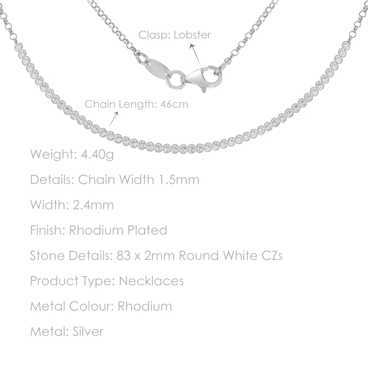 Tuscany Silver Collar Cadena Mujer Plata Plata Fina 925 circonita Redonda - 8.19.7474