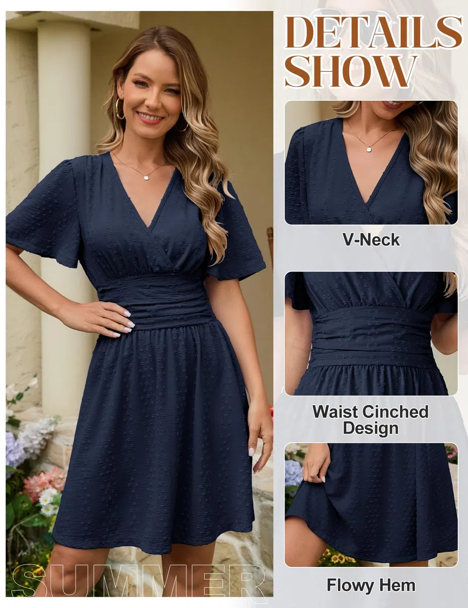 HEEKPEK Vestidos Verano Mujer Manga Corta Cuello en V Vestido de Mujer Elegante Corto Dress de Mangas Mariposa Cintura Alta Elástica Mini Vestido Sueltos Casual