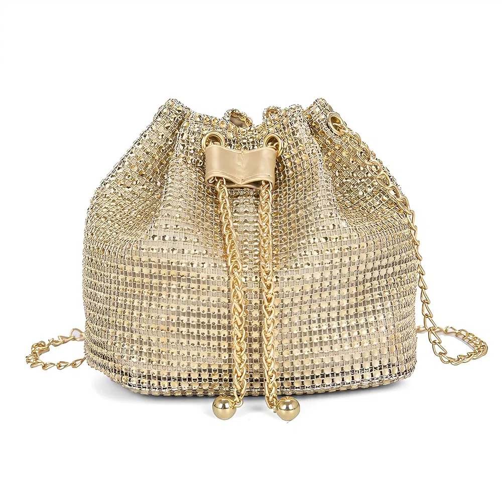 Bolso Mujer con Brillantes Diamantes Elegante de Noche Clutch con Cadena para Fiestas Bodas Banquete(Oro)