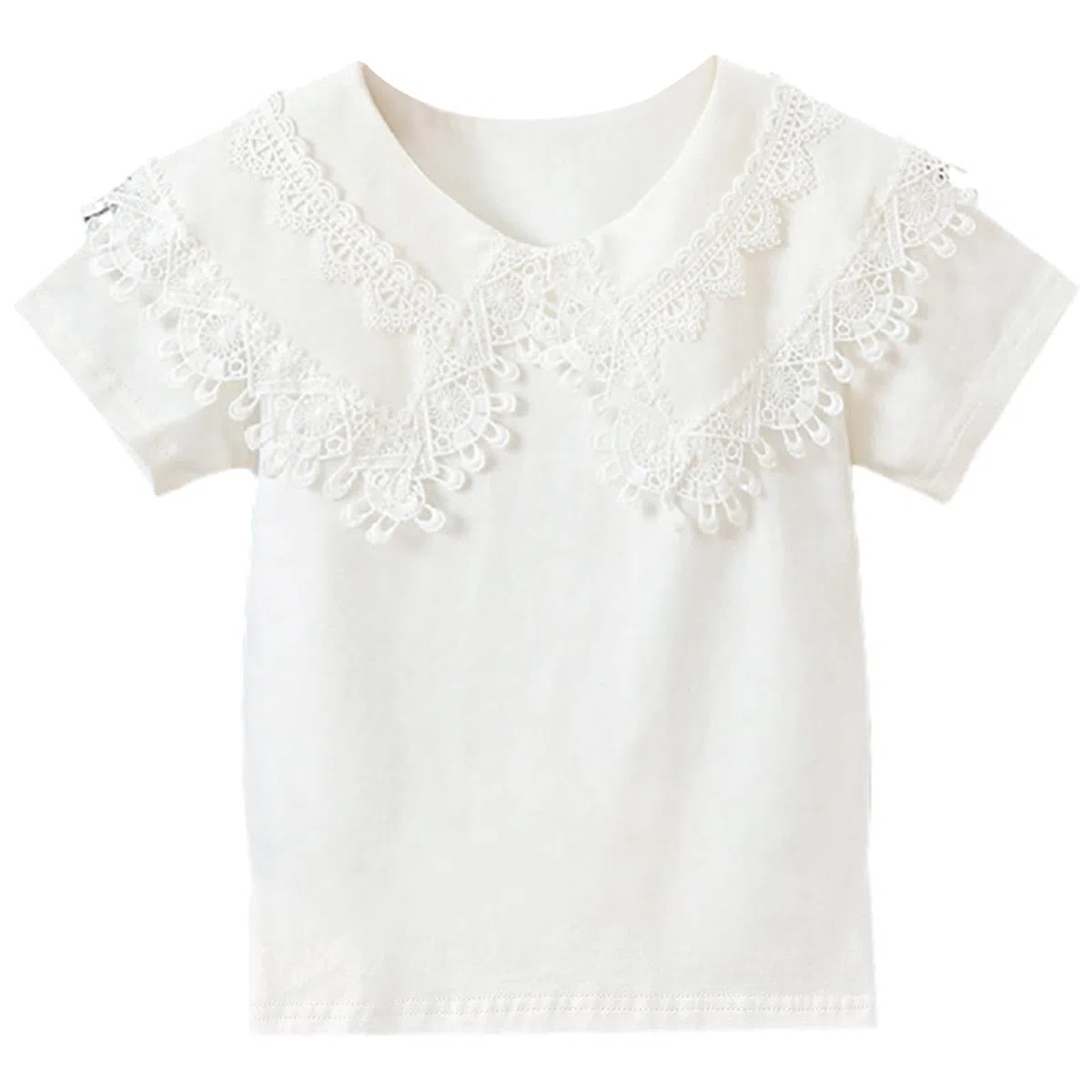 Blusa Manga Corta para Niña Pequeños Tops de Algodón Uniforme Escolar Camisa Encaje Bordado Cuello de Muñeca