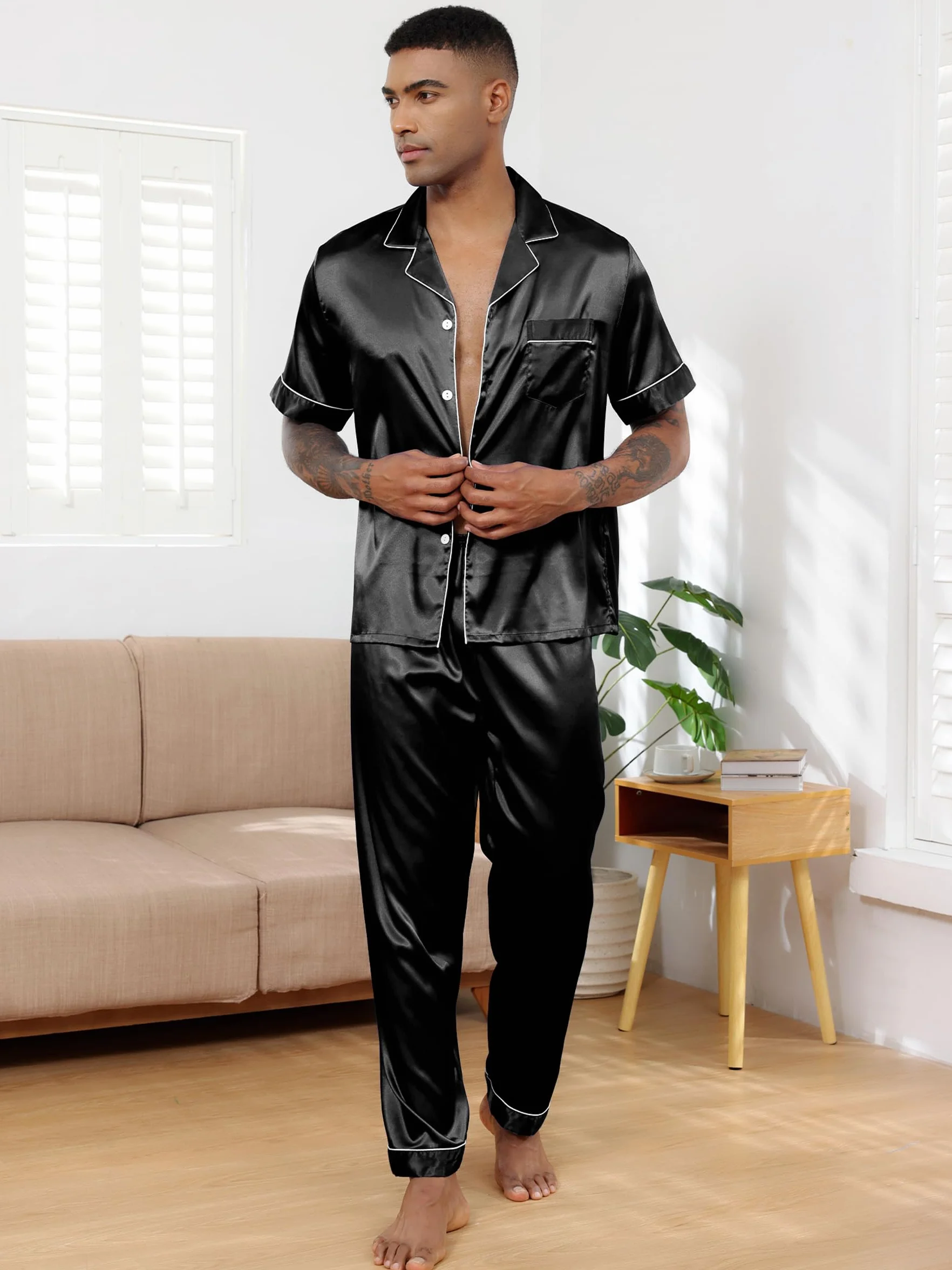 Pijama Hombre Satén Pijama de Seda para Hombre Manga Larga con Botones y Pantalones Largos Ropa de Descanso Conjuntos de 2 Piezas