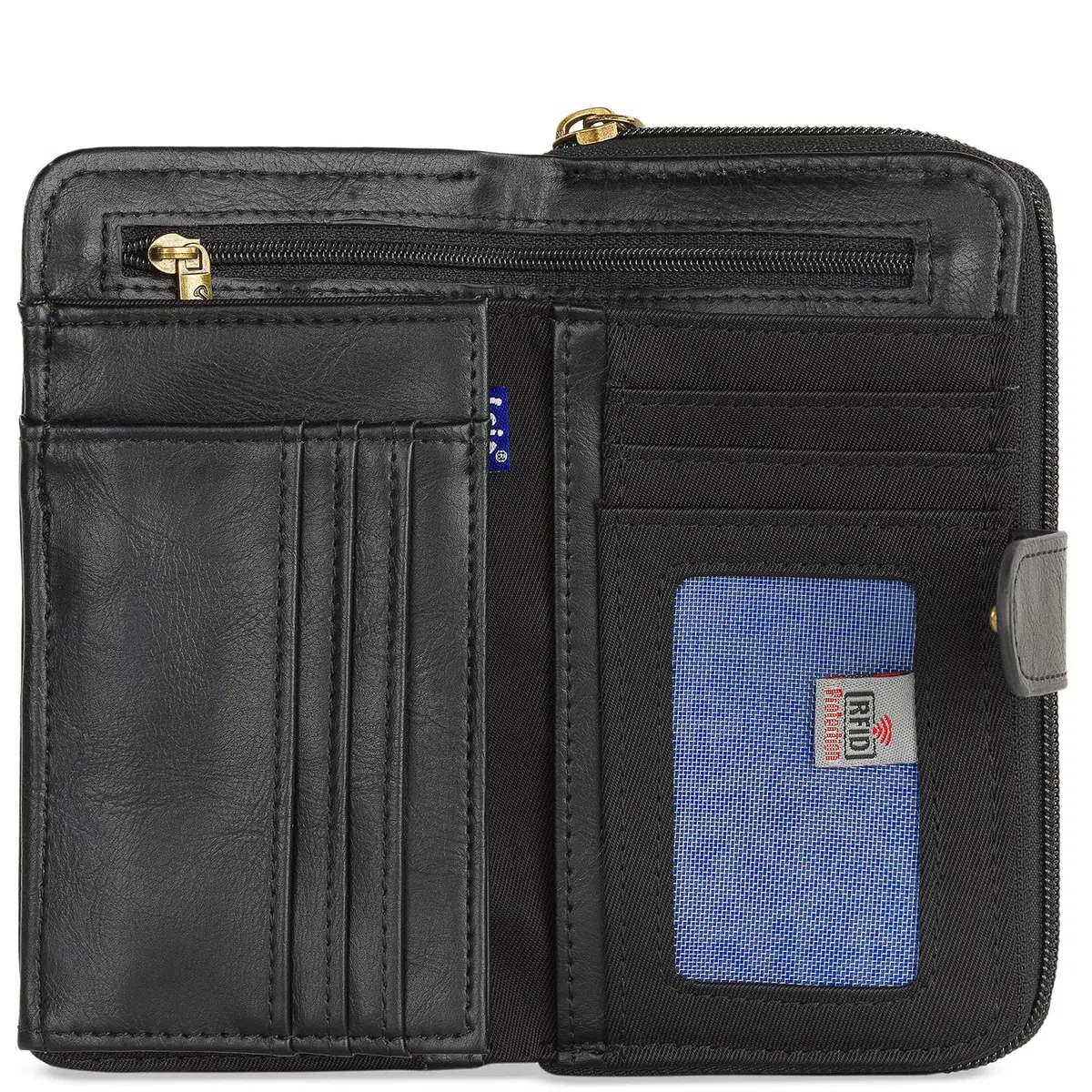 Lois - Cartera de Mujer Grande con Cierre Central de Cremallera, Monedero Tarjetero, Piel Eco, Cuero PU y Lona Bordada, Negro, 16 x 9 x 2 cm