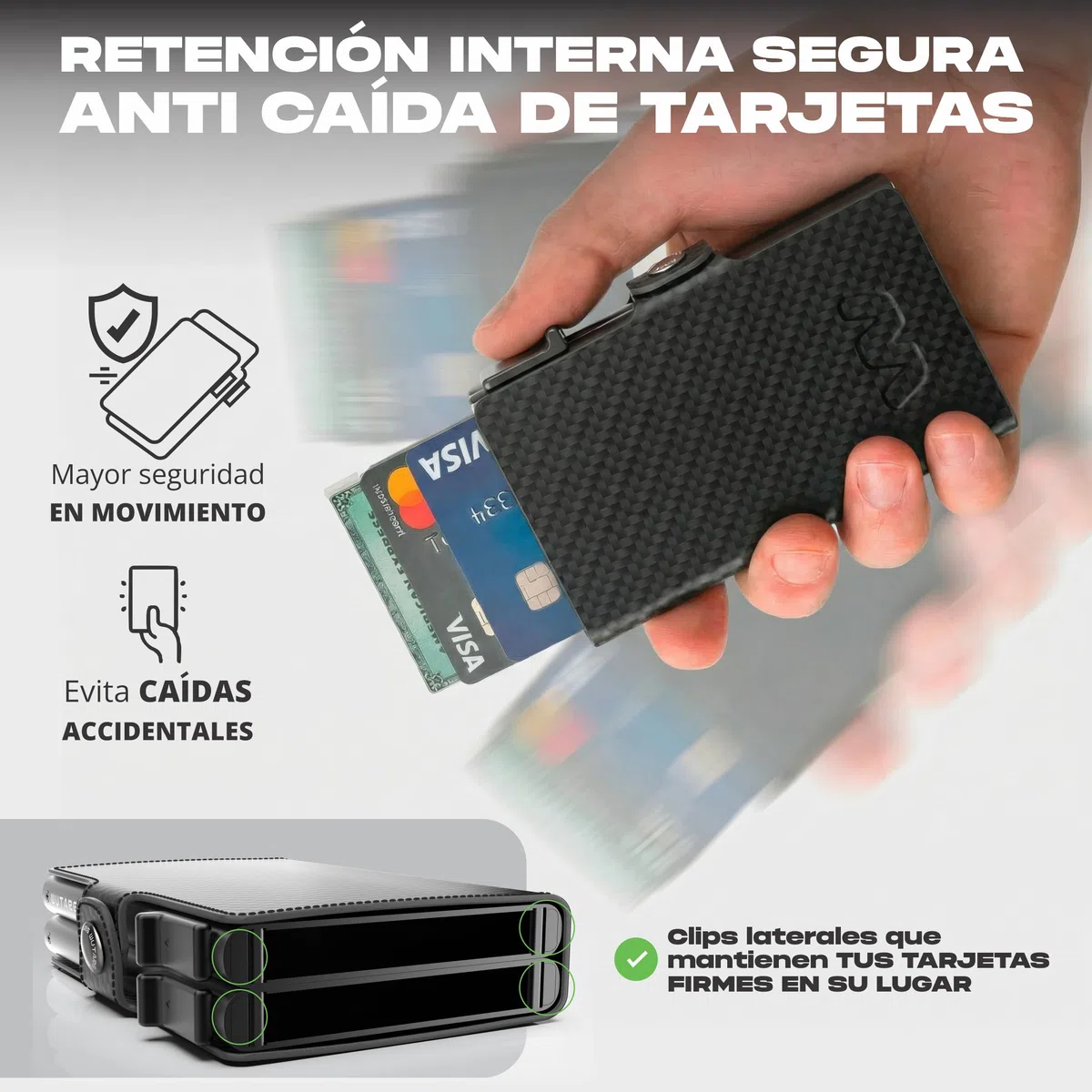 Tarjetero Hombre - Cartera Minimalista RFID NFC, Sistema Dual Slide, Metal, Cuero PU Premium, Billetera compacta antirrobo, Acceso rápido - 16 Tarjetas + 4 Billetes (Deluxe Carbon)