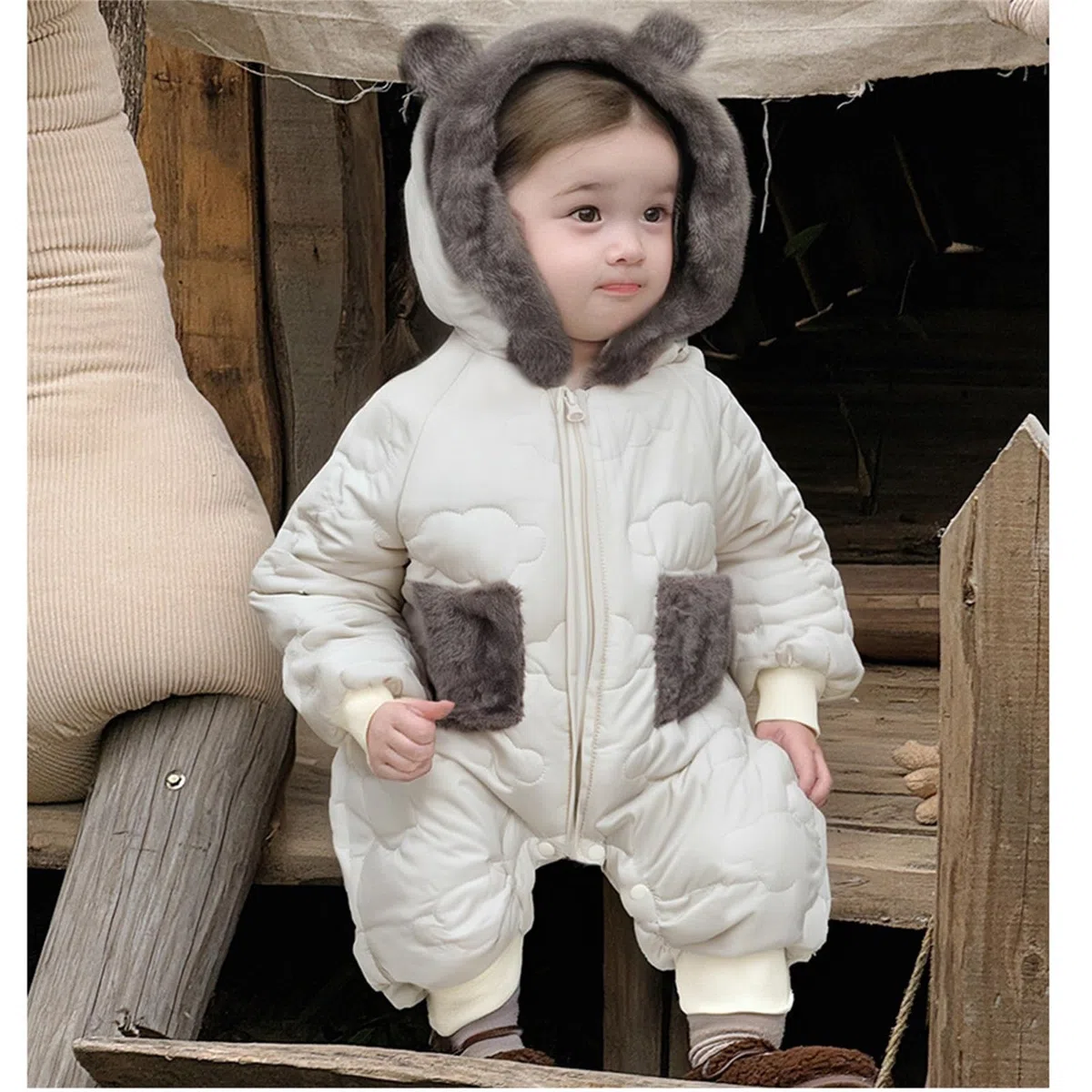 Bebé Mameluco Invierno con Forro Recién Nacido Traje de Nieve con Capucha Niño Niña Mono Infantil Pelele Entero Ropa de Una Pieza Calentito con Cremalleras - 0-24 Meses