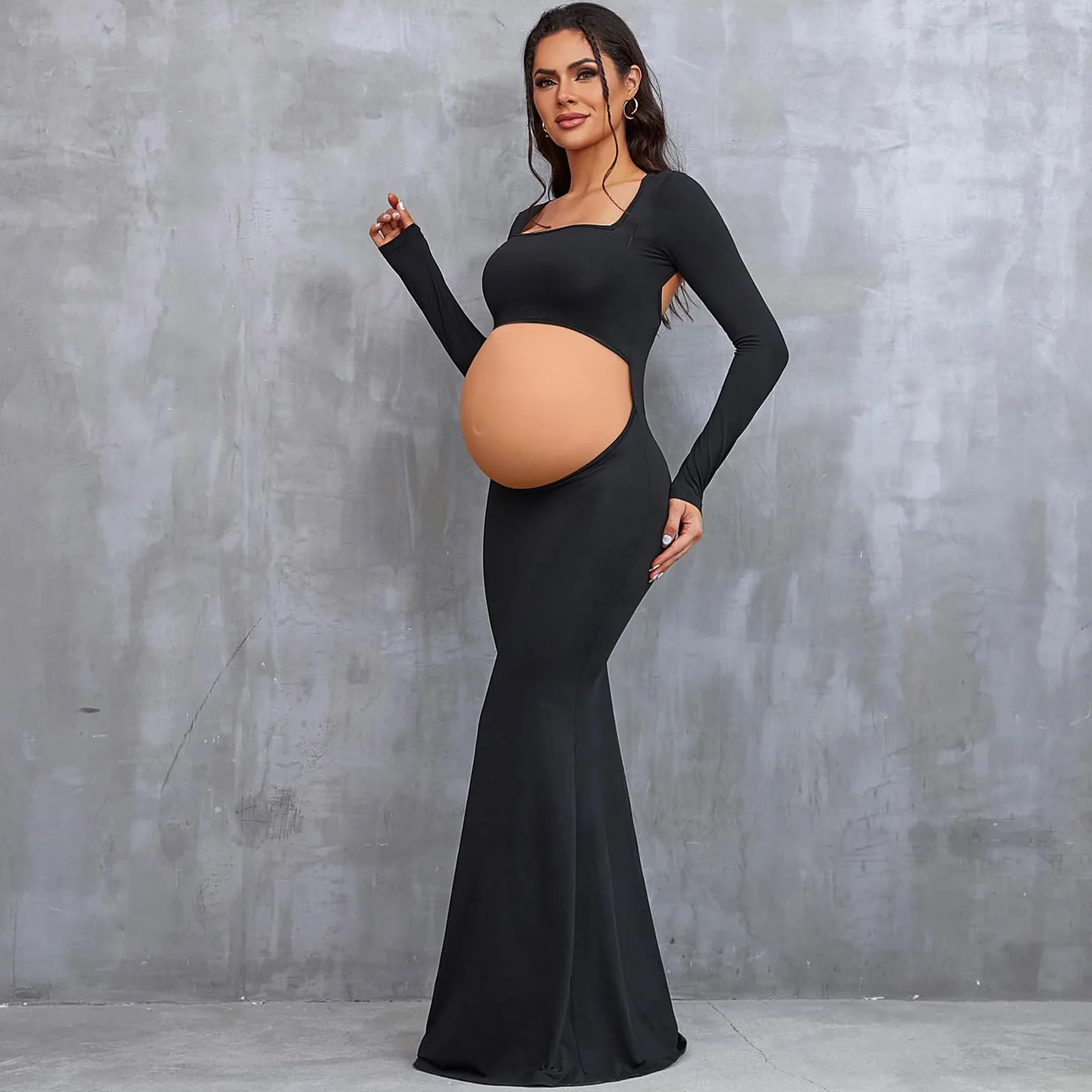 Vestido Largo de Maternidad Mujer para Fotografia Vestidos Premamá Falda Larga Manga Cuello Cuadrado Vestidos de Embarazo Shooting Foto sin Espalda Maxi Vestido de Fiesta