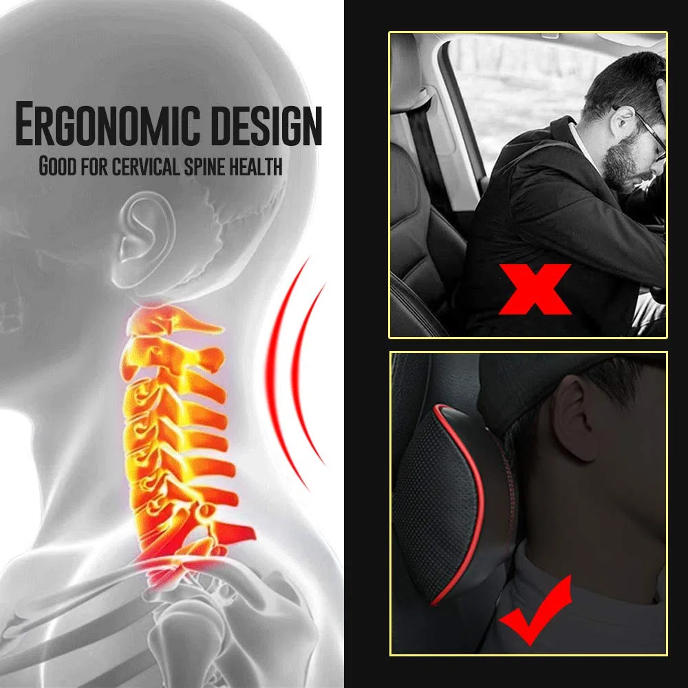 Carodi Cojín cervical de cuero para coche, cojín cervical, soporte cervical de espuma viscoelástica 100 %, cómodos asientos de coche de viaje y cojines suaves para la oficina en casa, negro, un juego