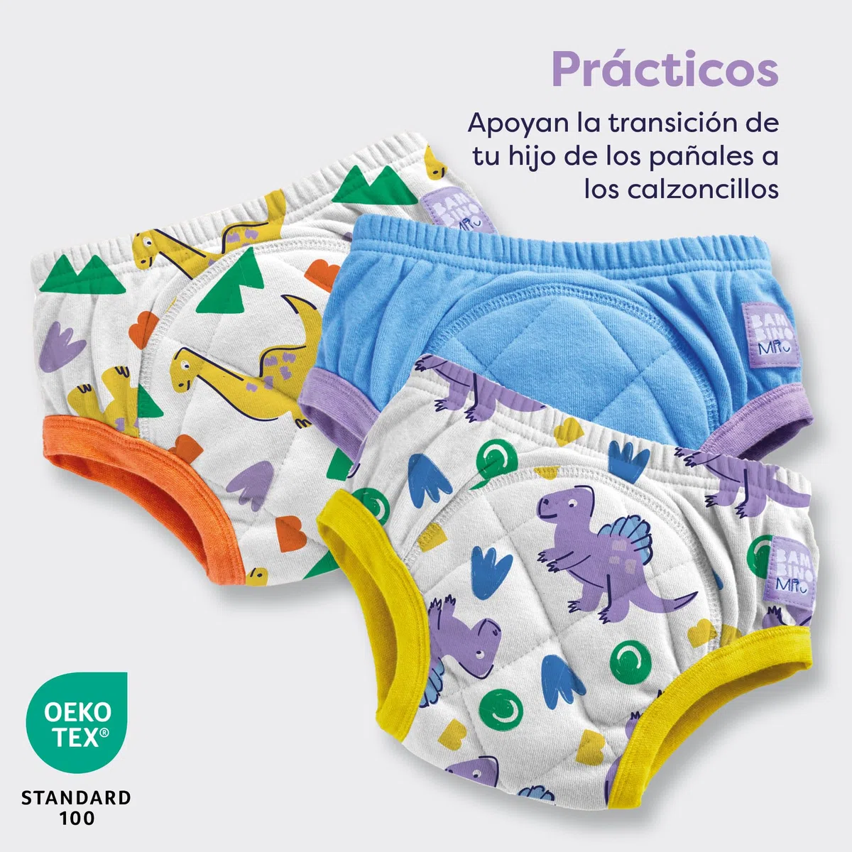 Bambino Mio Calzoncillos de aprendizaje reutilizables para bebé y niño pequeño, Pack de 3, 2-3 años, Dinos valientes, niños y niñas, ropa interior para dejar el pañal