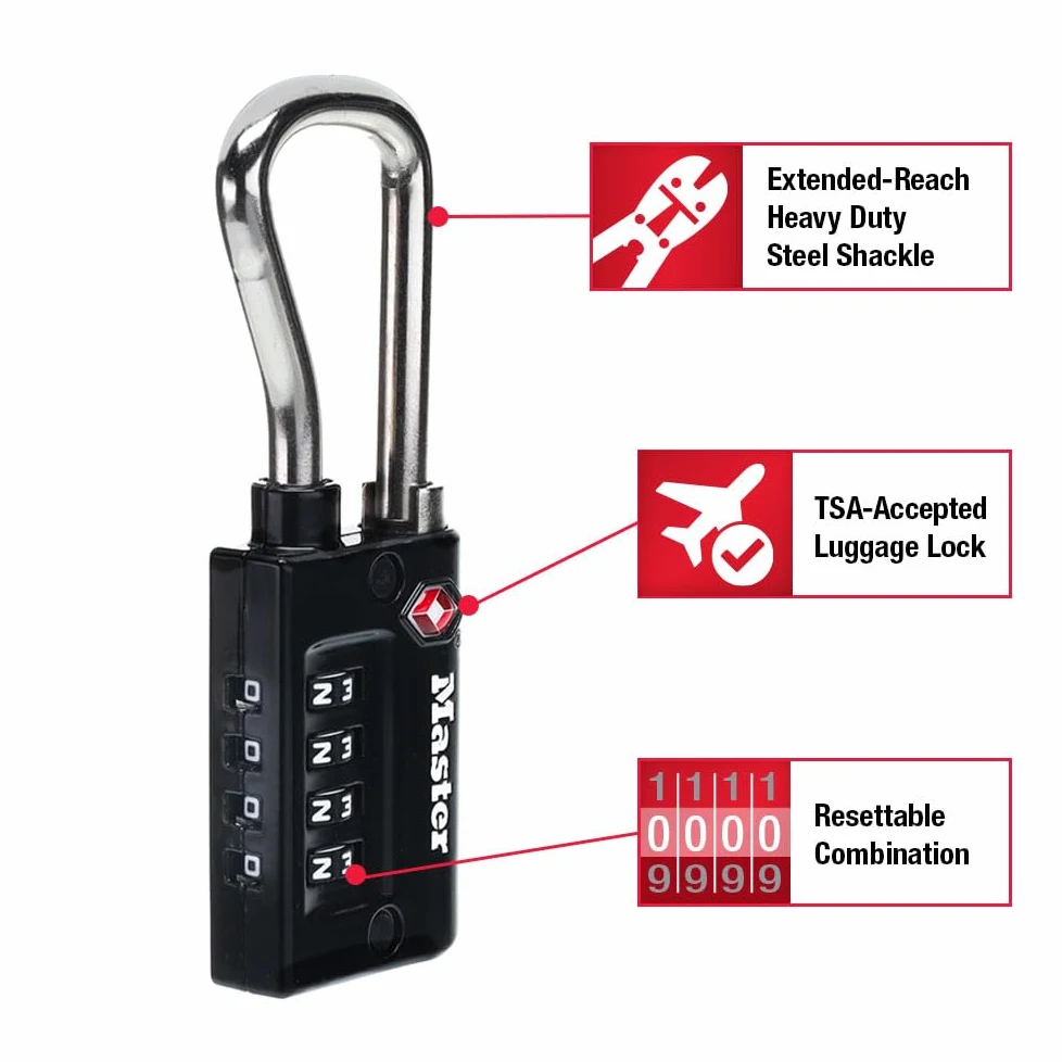 Master Lock 4696EC4 Candado, combina tu propia combinación, candado TSA para equipaje, de 3,3 cm de ancho, negro, paquete de 4