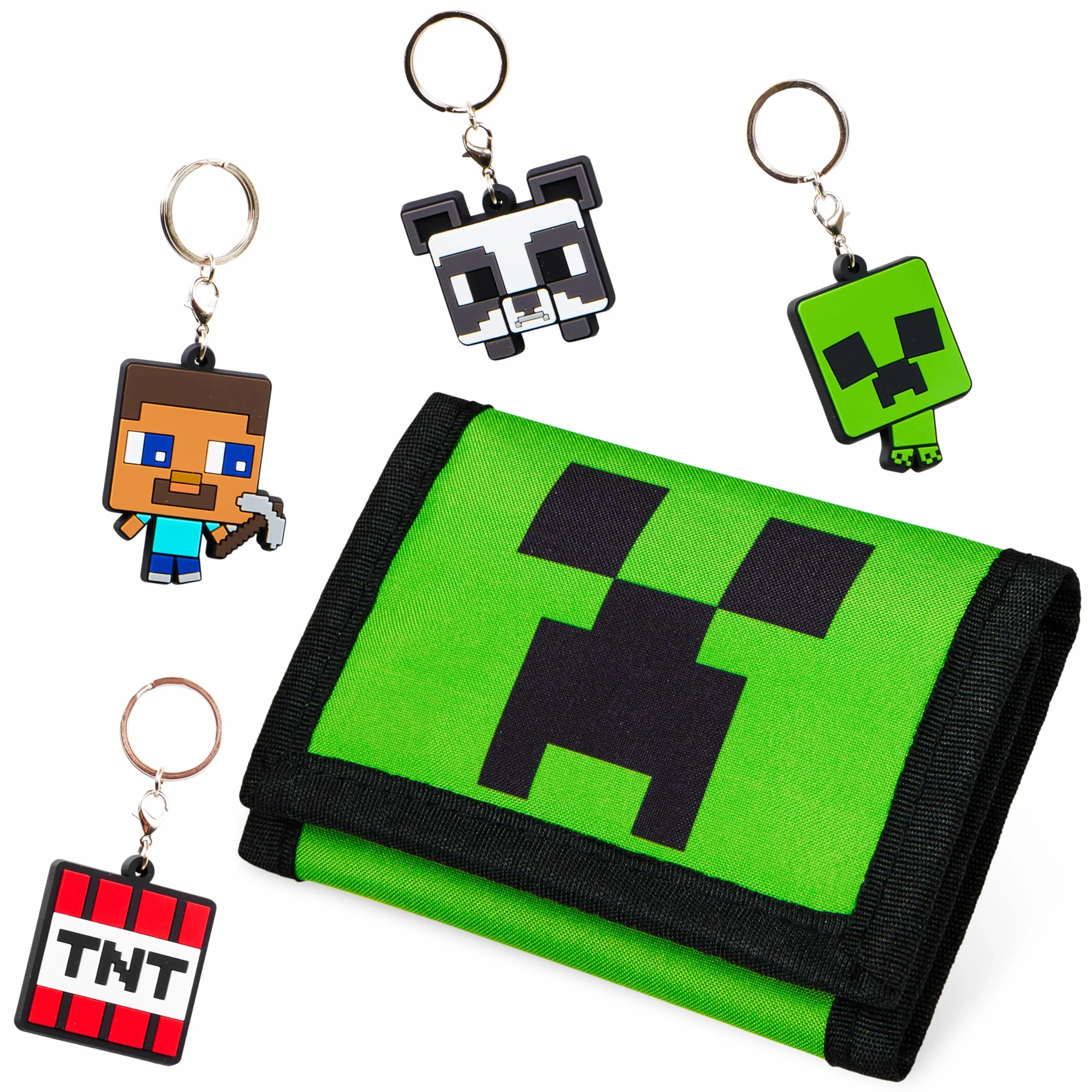 Minecraft Cartera para Niños Toda Ocasión En Poliéster con Personaje Green Creeper Monedero Verde Tamaño Bolsillo Cartera Resistente Incluye 4 Llaveros