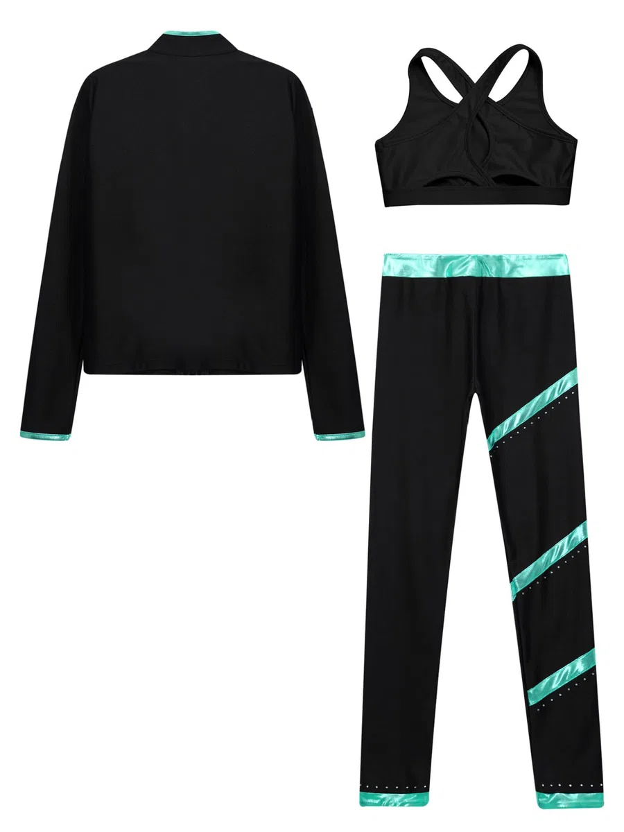 Conjunto de ropa de patinaje artístico para niños y niñas, manga larga, abrigo con cremallera + camiseta sin mangas + leggings de entrenamiento de gimnasia