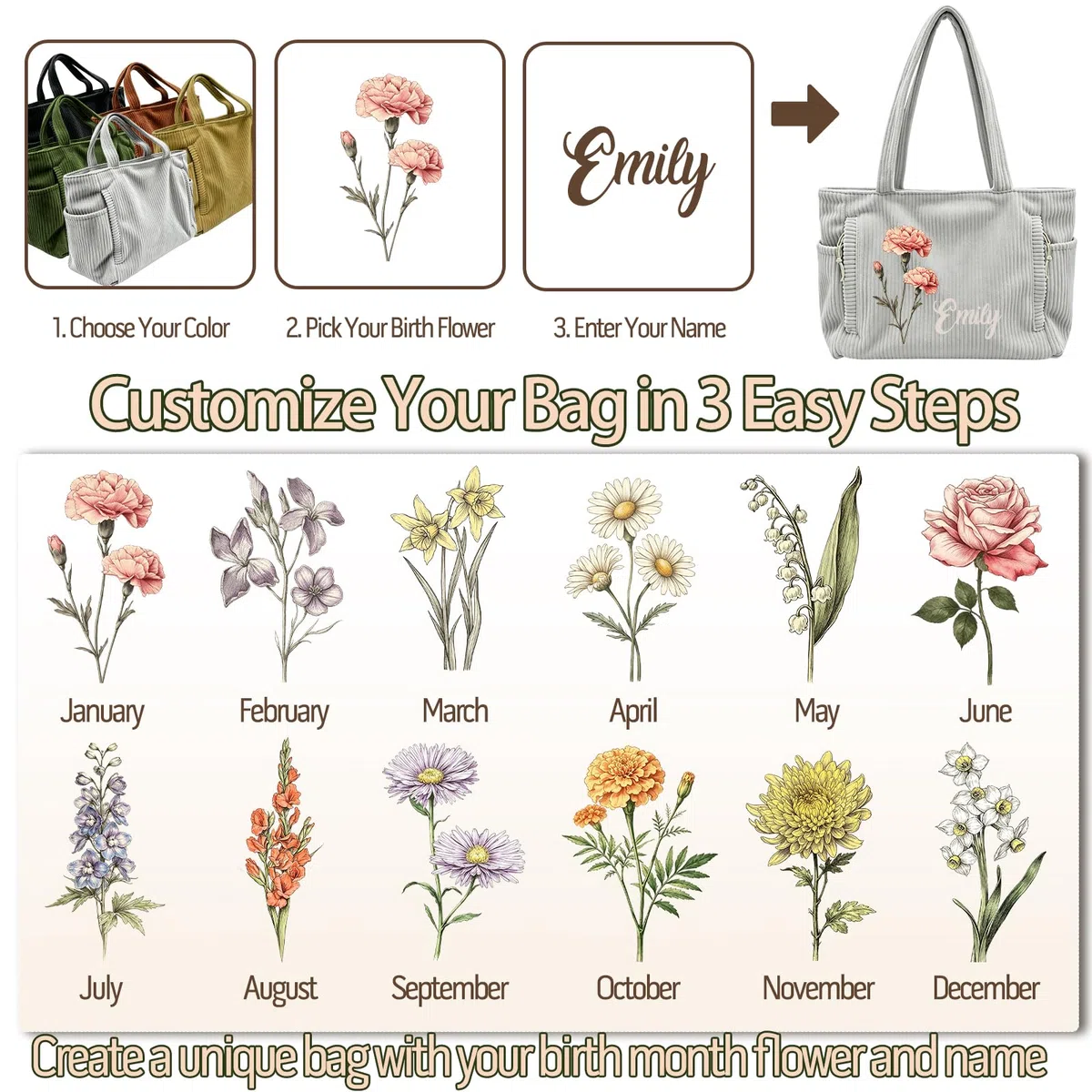 Bolsa de mano de pana personalizada para mujer, bolsa de hombro con cremallera de gran capacidad y bolsillos laterales