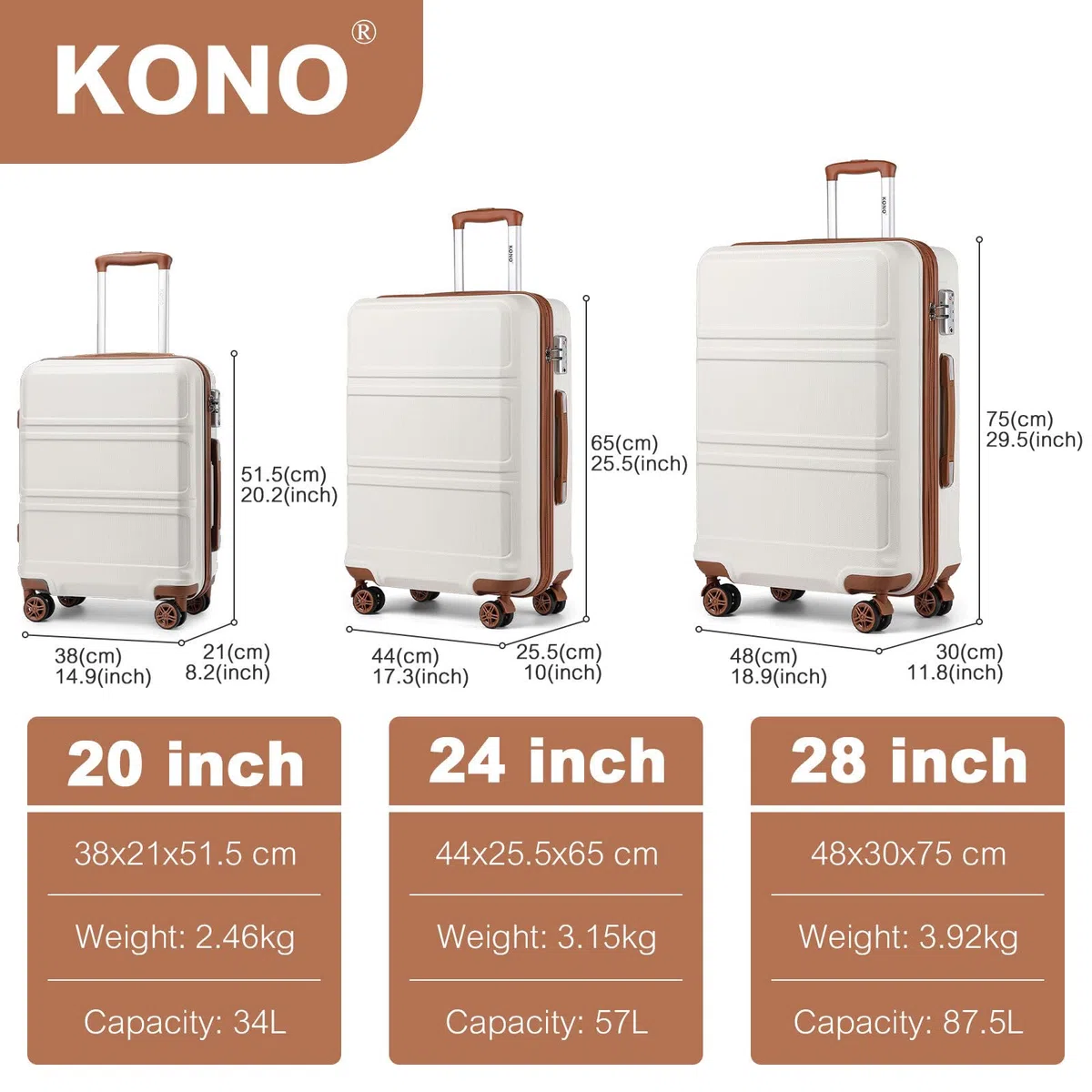 Kono Maleta de Mano Grande 23 Kilos Maleta Grande 75cm con Material ABS con Cerradura TSA y 4 Ruedas（L,Crema Claro）