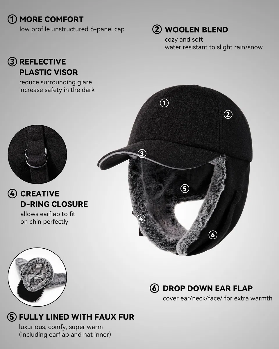 Gisdanchz Gorra Beisbol Invierno con Orejeras - Totalmente Forrada con Piel Sintétic