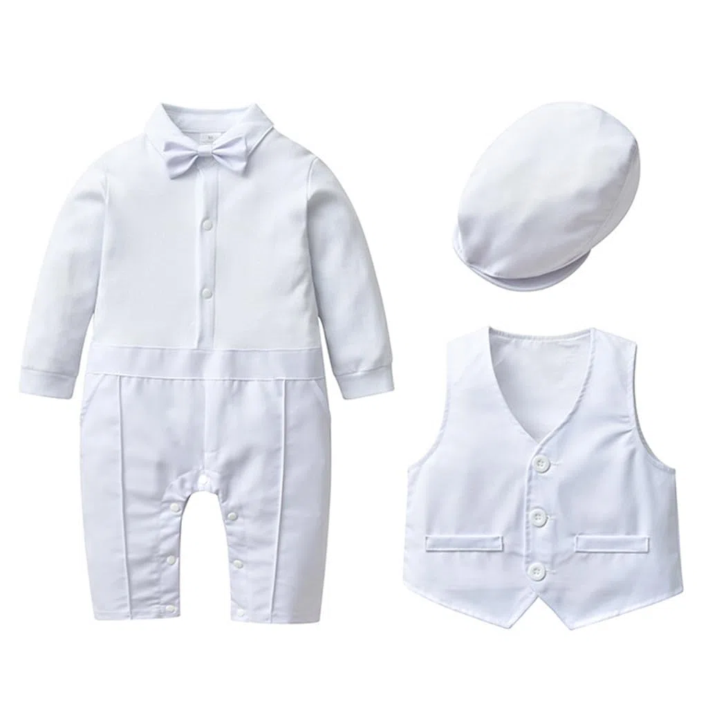 Mameluco para caballero para bebé, traje de bautizo, ropa de bautizo, traje de bautizo para bebé, mono con corbatín, chaleco con sombrero, trajes de cumpleaños, bodas y fiestas