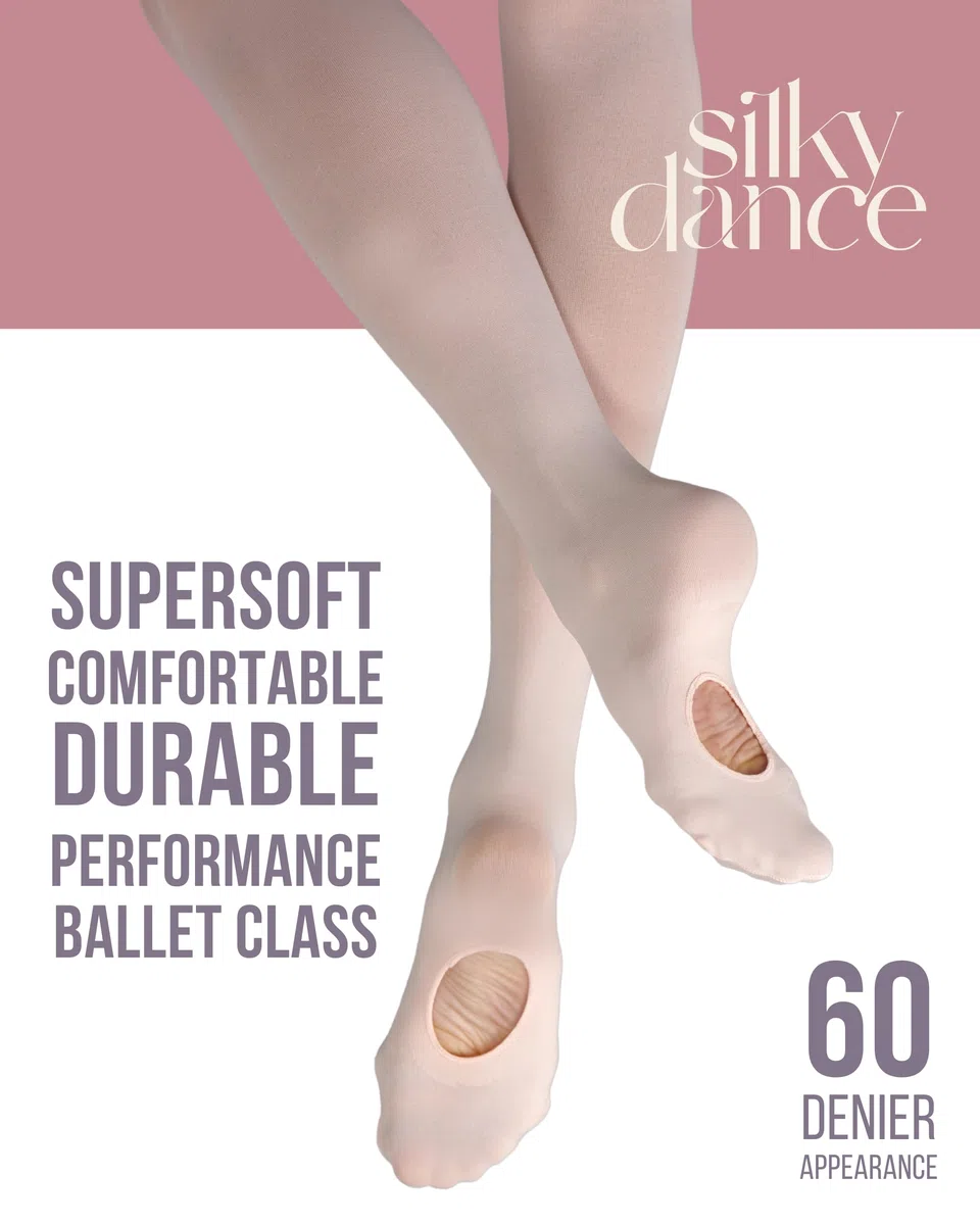 Silky Dance 2 pares de medias convertibles de ballet de danza, 60 denier, paquete múltiple para niñas, niños pequeños, adultos, mujeres, en rosa, rosa claro, blanco, negro, bronceado y bronceado claro