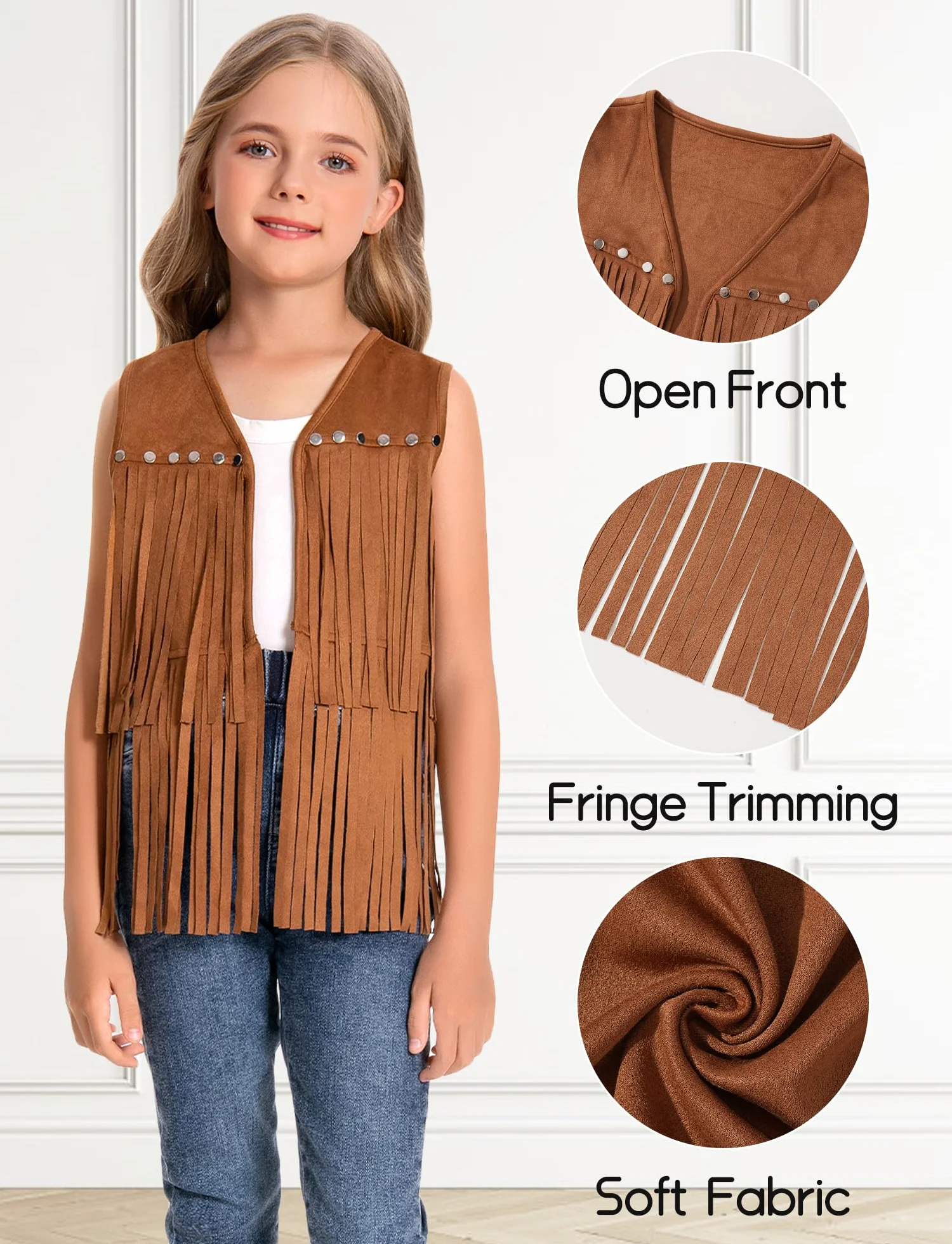 SEAUR - Chaleco con flecos para niña hippie chaleco vaquera occidental con remaches sin mangas de piel sintética ropa estilo años 60-70 niños 5-6 años