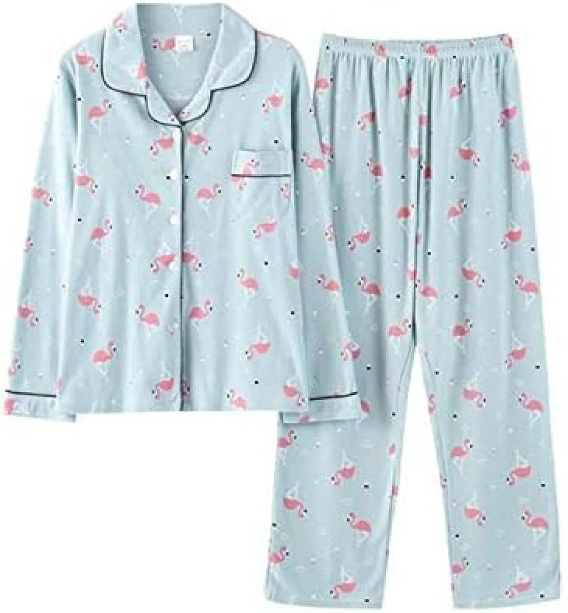 Pijamas De Algodón Para Mujer, Ropa De Dormir Estampada De Manga Larga, Conjunto De Pijama De Otoño E Invierno,Azul,SG