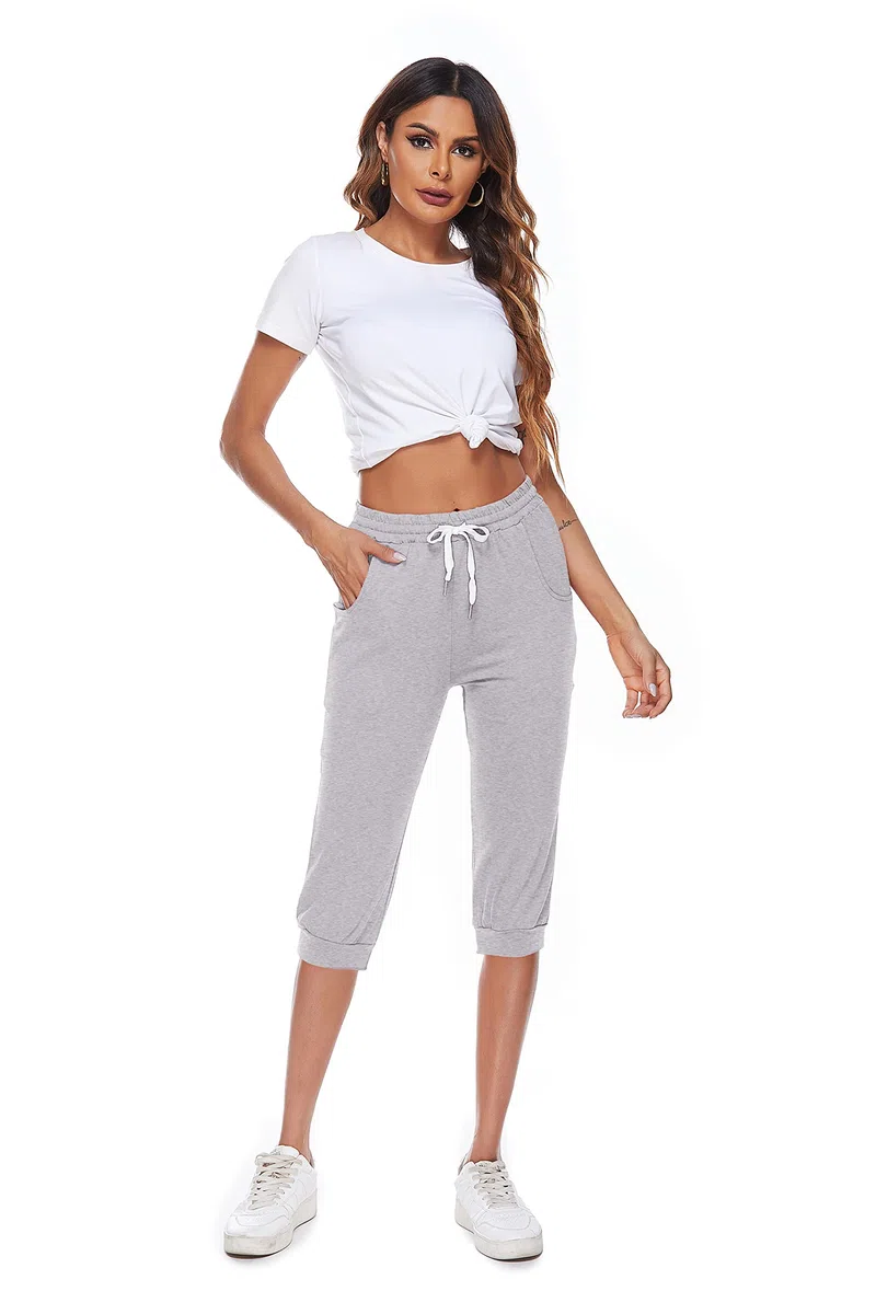 Pantalones de chándal para mujer, pantalones deportivos 3/4, de verano, algodón, pantalones capri, pantalones de deporte, fitness, yoga, pantalones con bolsillo